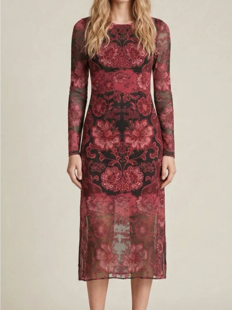 Johnny Was Tulus Mesh Long Sleeve Midi Dress Burgundy Floral Lace Sheer L Nwt